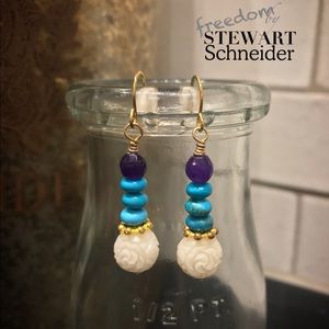 Chic amethyst, turquoise, carved coral earrings